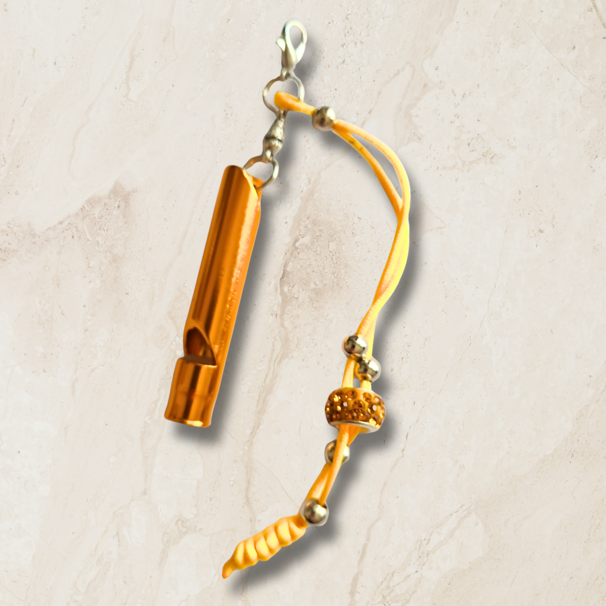 Dog Whistle Bag Charm with Leather Tassel & Paw Print - Yellow/Orange