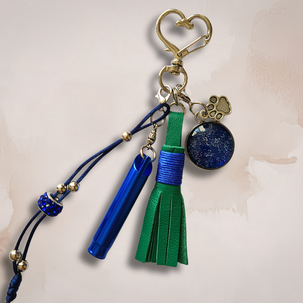 Dog Whistle Keychain with Leather Tassel & Paw Print - Blue/Green