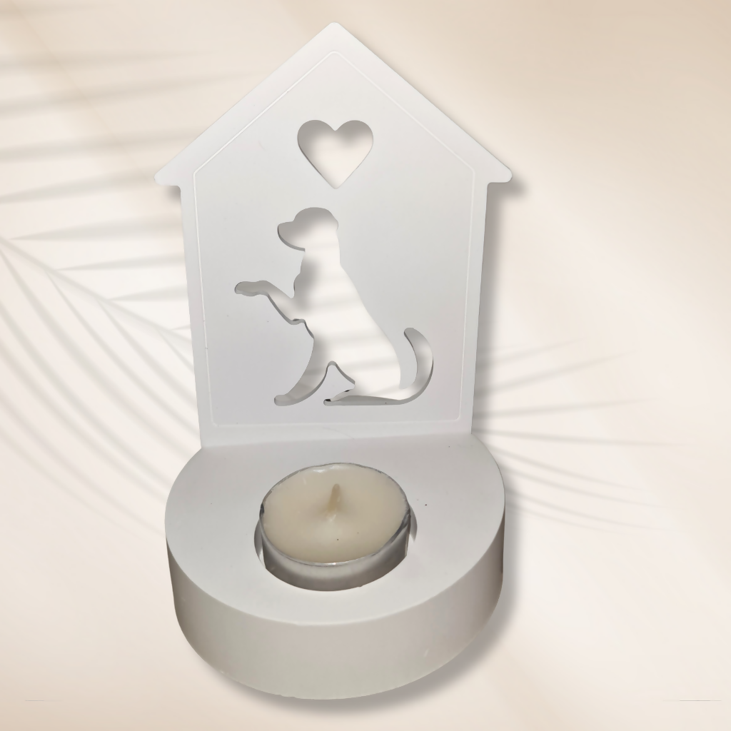 Tea light dog shadow in light - white