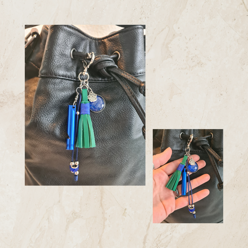 Dog Whistle Keychain with Leather Tassel & Paw Print - Blue/Green