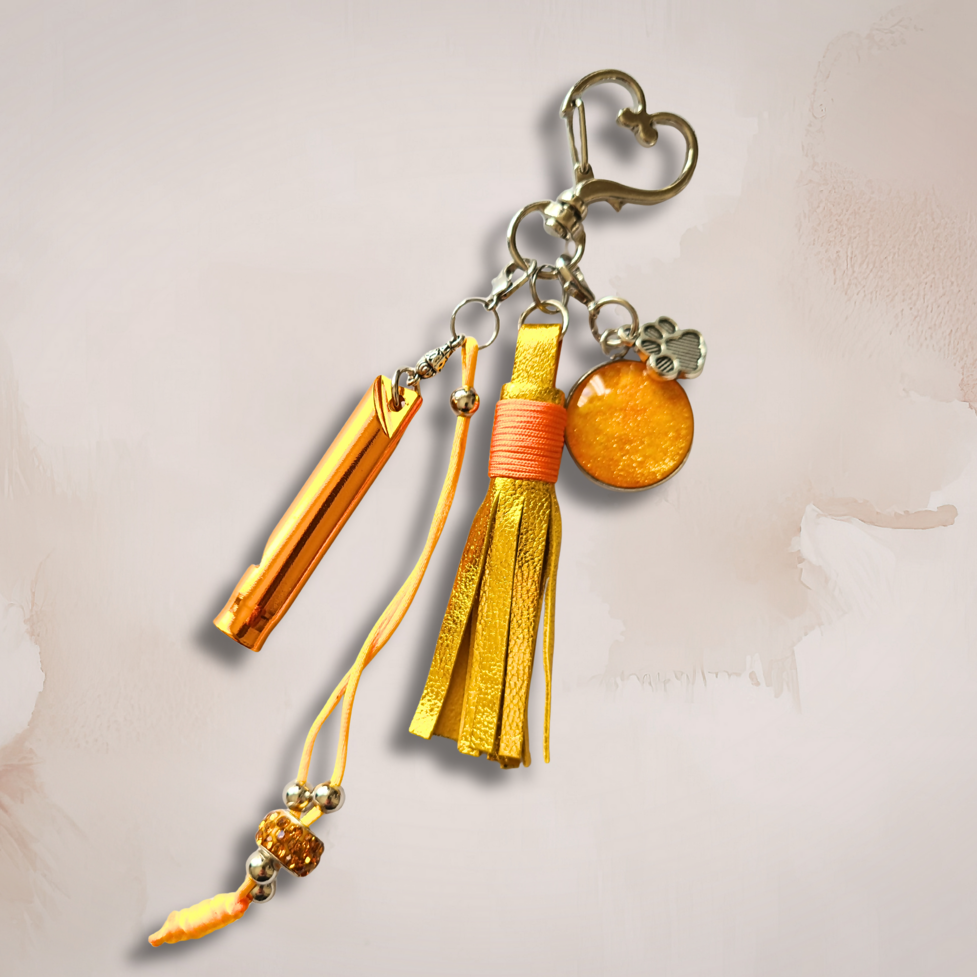 Dog Whistle Bag Charm with Leather Tassel & Paw Print - Yellow/Orange
